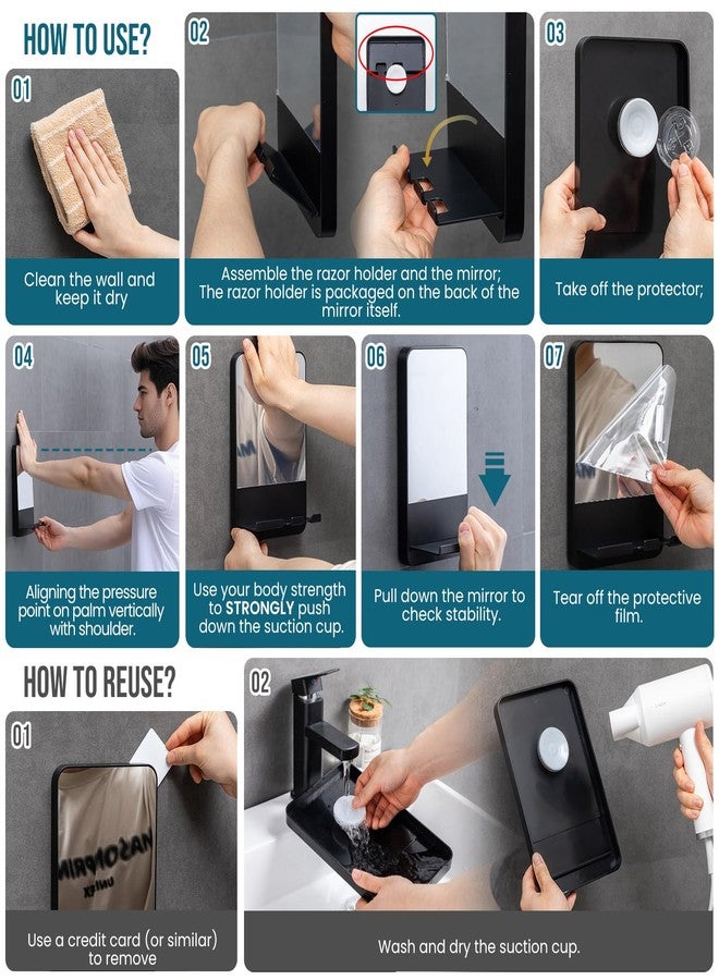 TAILI Shower Mirror Fogless Suction, Shaving Mirror with Razor Holder, Fog Free with Storage Tray, Rust-Proof, Shatterproof, Removable, Bathroom & Shower Accessories, Black - Image 4